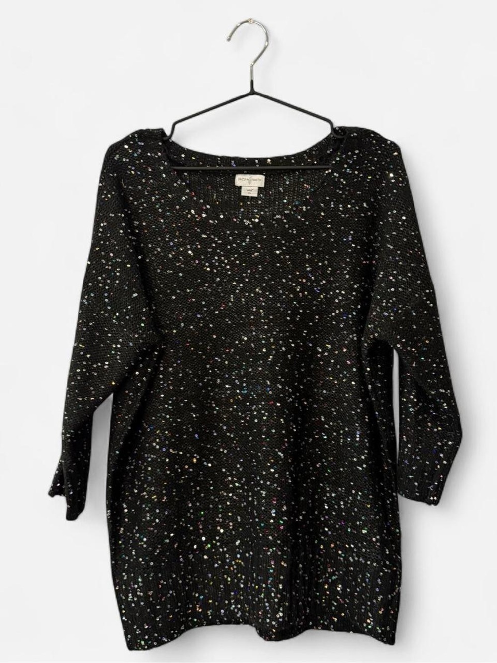 Y2K black crochet knit cozy sequin sweater colorful iridescent sequins